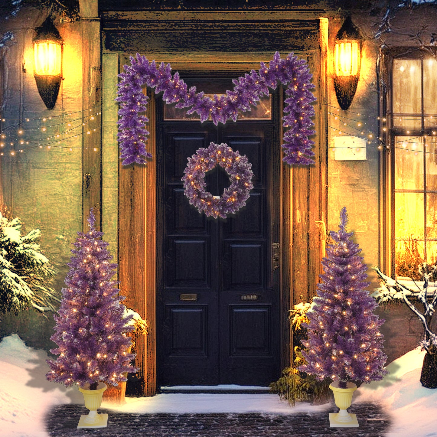 Christmas Holiday 4-Piece Set- Garland, Wreath and Set of 2 Entrance Trees