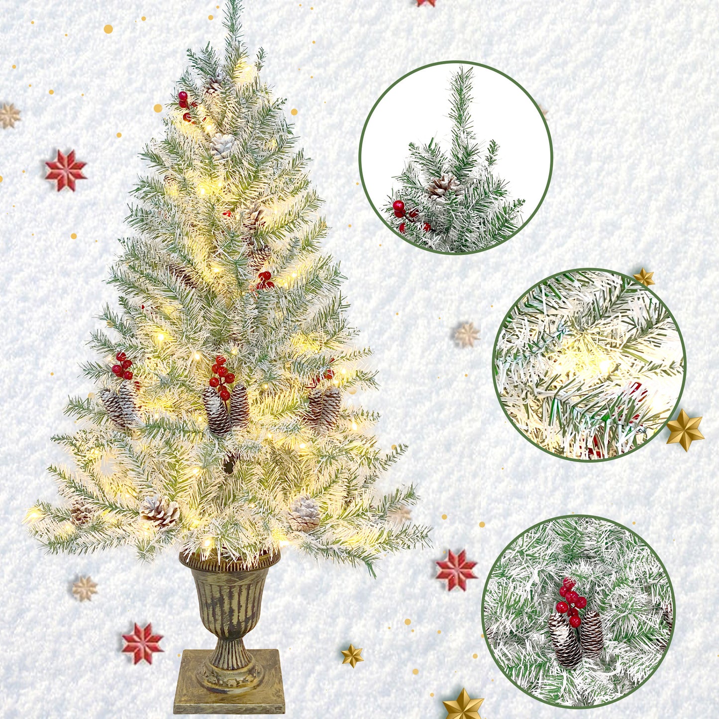 Christmas Holiday 4-Piece Set- Garland, Wreath and Set of 2 Entrance Trees