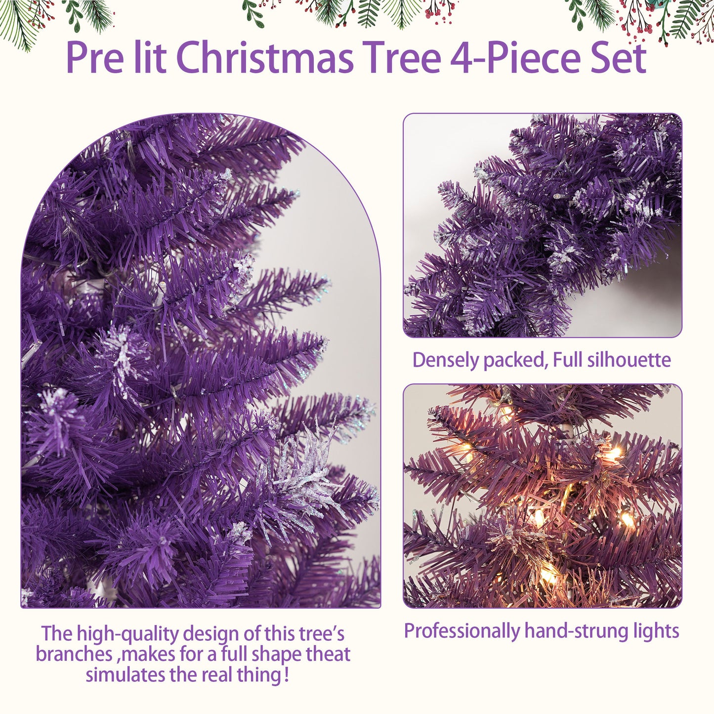 Christmas Holiday 4-Piece Set- Garland, Wreath and Set of 2 Entrance Trees
