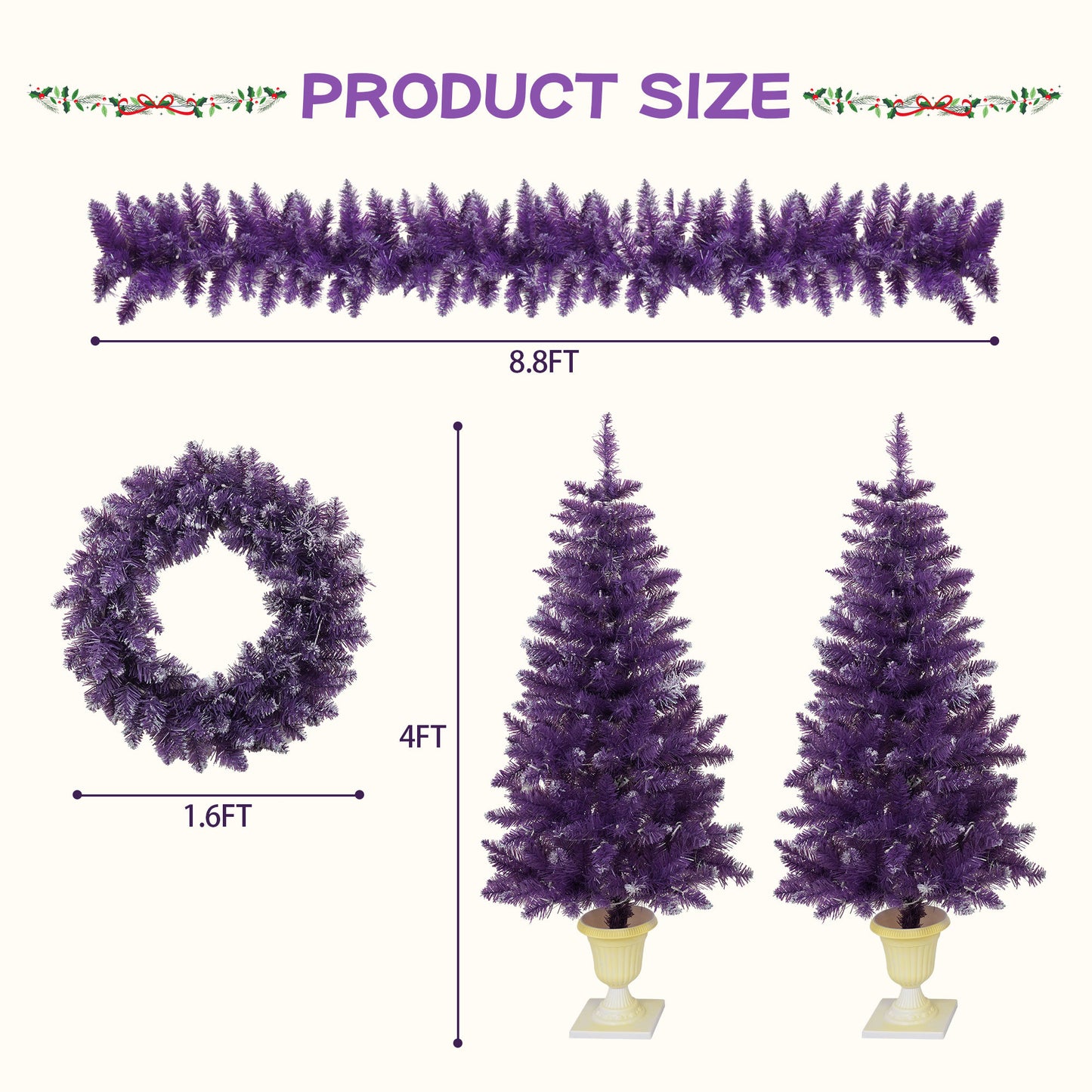 Christmas Holiday 4-Piece Set- Garland, Wreath and Set of 2 Entrance Trees