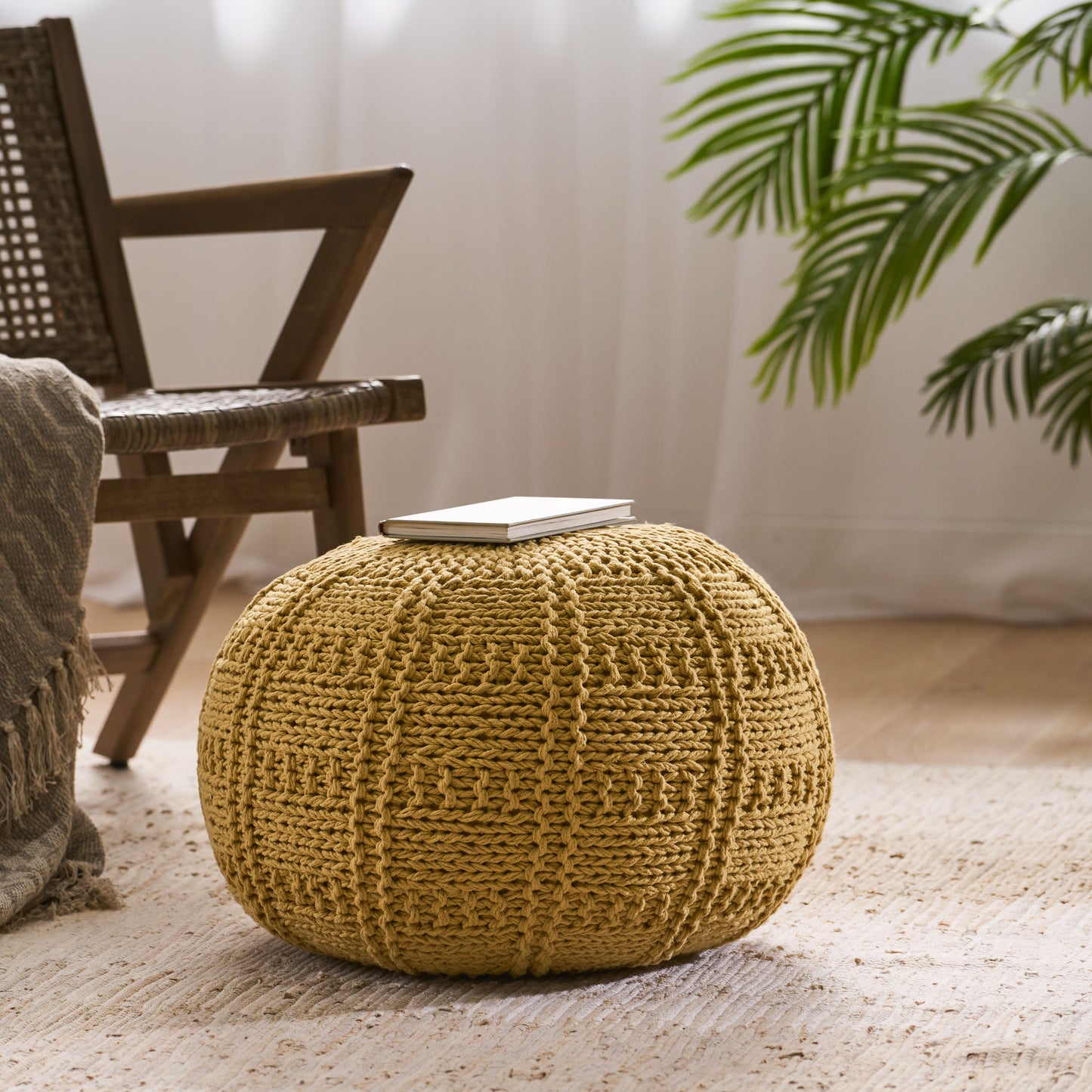 Yuny Knitted Cotton 20 x 20 Round Pouf – Modern Comfort Meets Cozy Style- Yellow