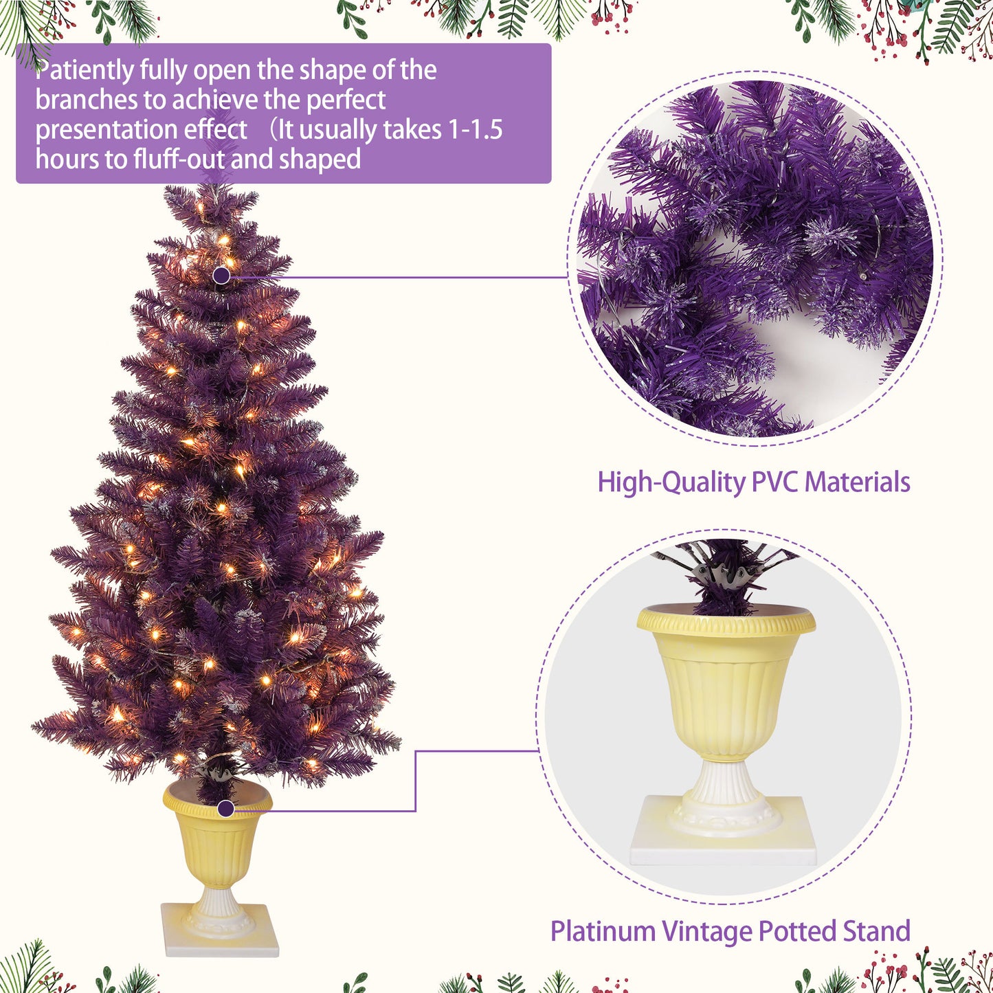 Christmas Holiday 4-Piece Set- Garland, Wreath and Set of 2 Entrance Trees