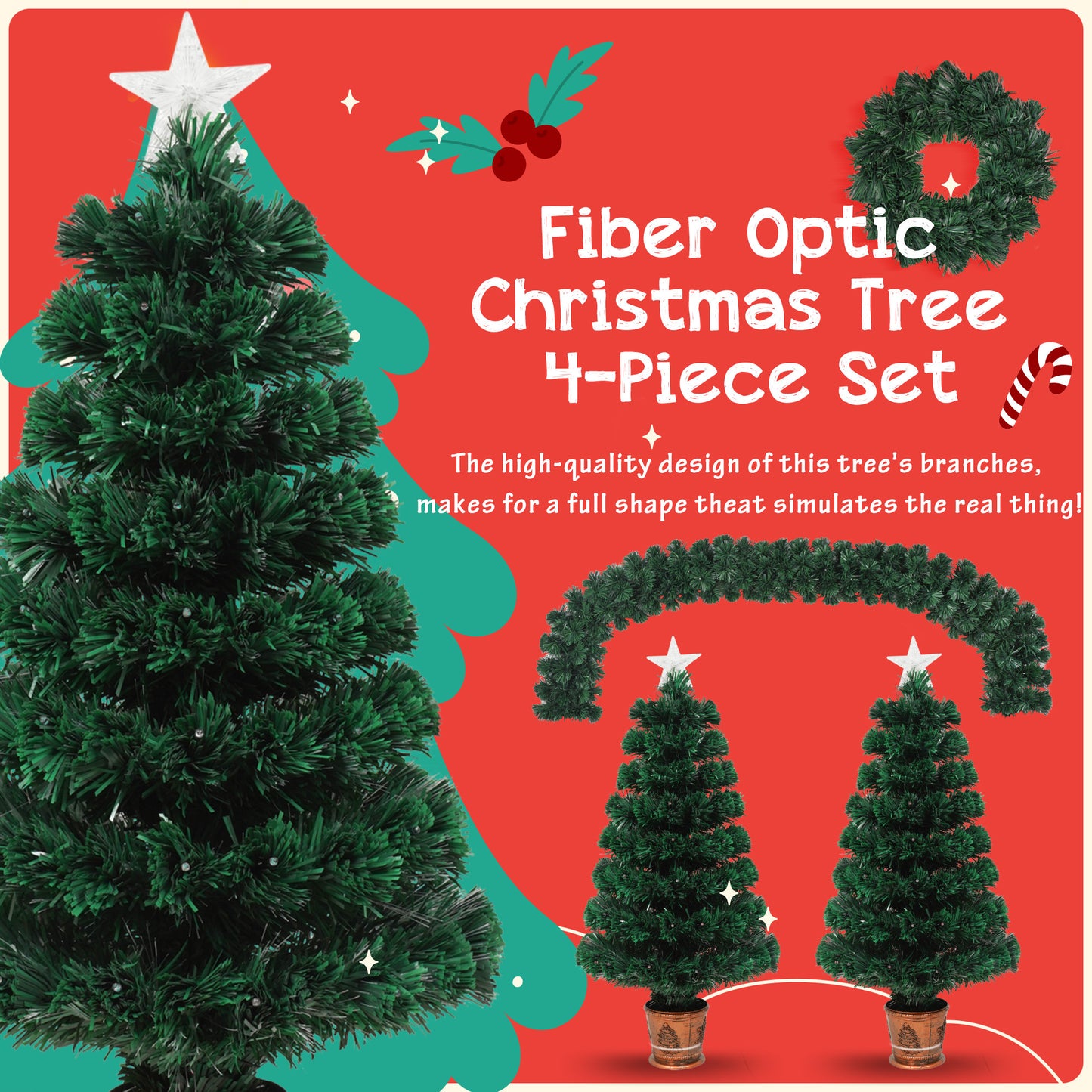 Christmas Holiday 4-Piece Set- Garland, Wreath and Set of 2 Entrance Trees