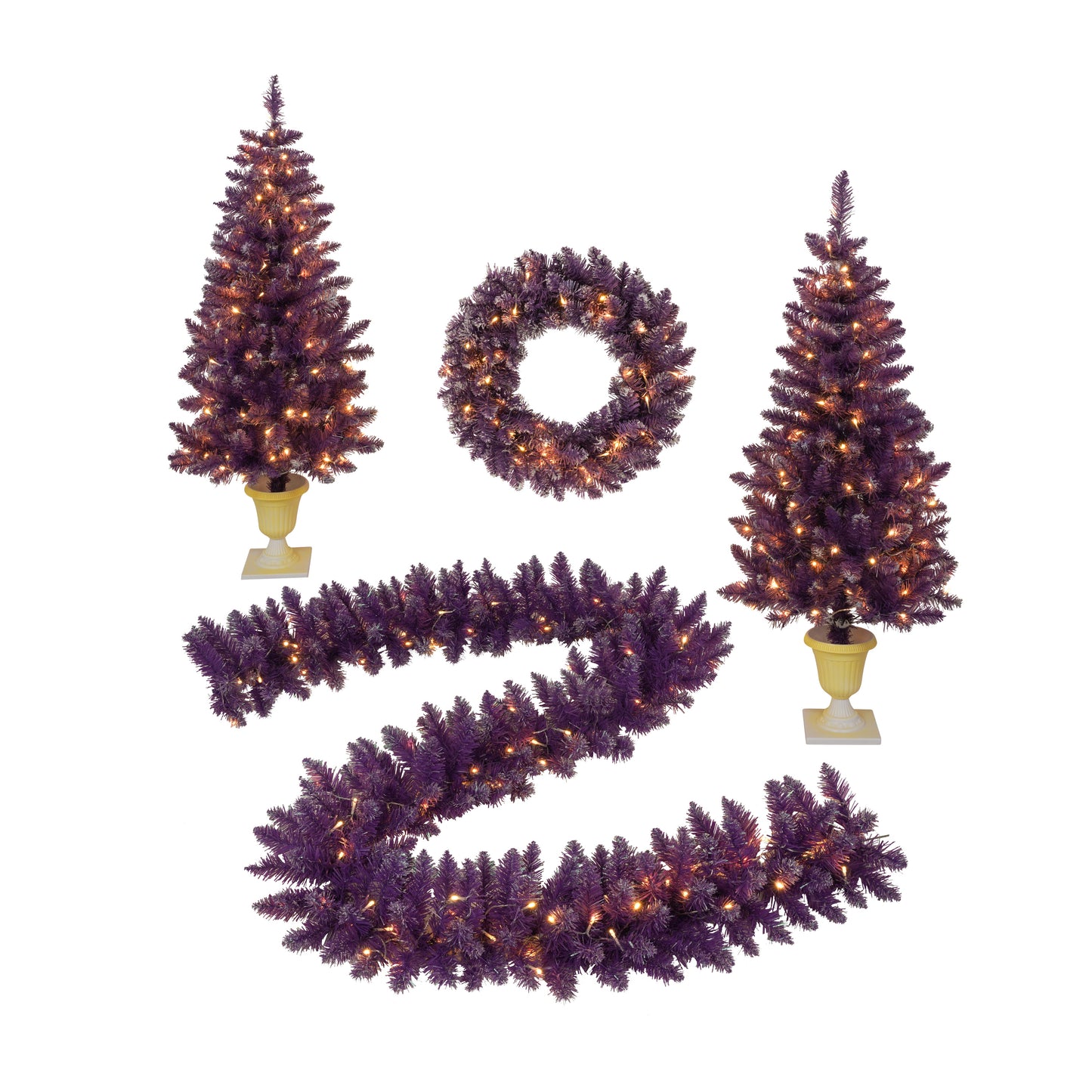 Christmas Holiday 4-Piece Set- Garland, Wreath and Set of 2 Entrance Trees