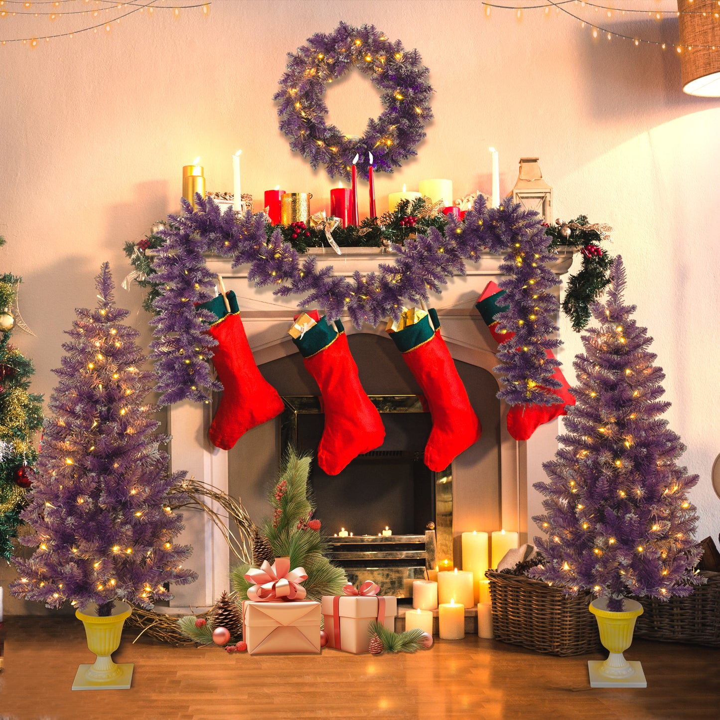Christmas Holiday 4-Piece Set- Garland, Wreath and Set of 2 Entrance Trees