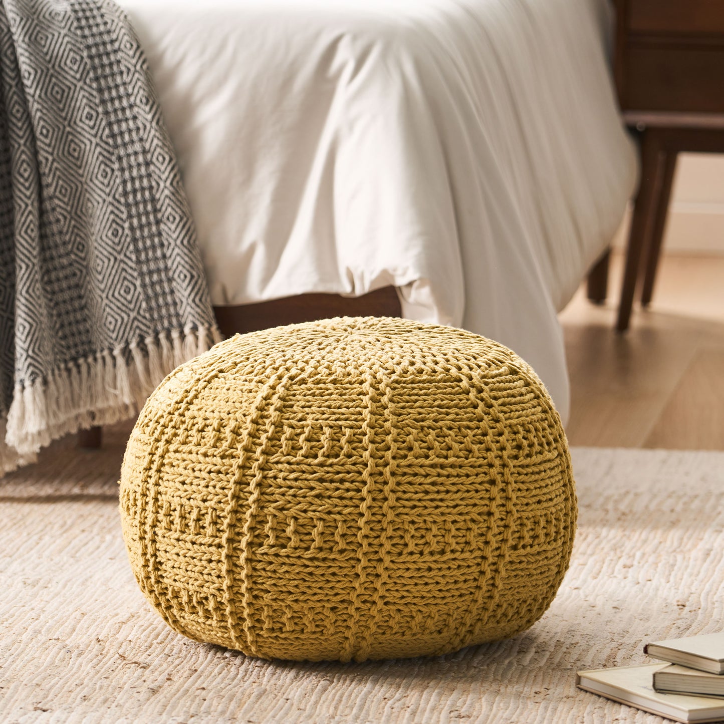 Yuny Knitted Cotton 20 x 20 Round Pouf – Modern Comfort Meets Cozy Style- Yellow