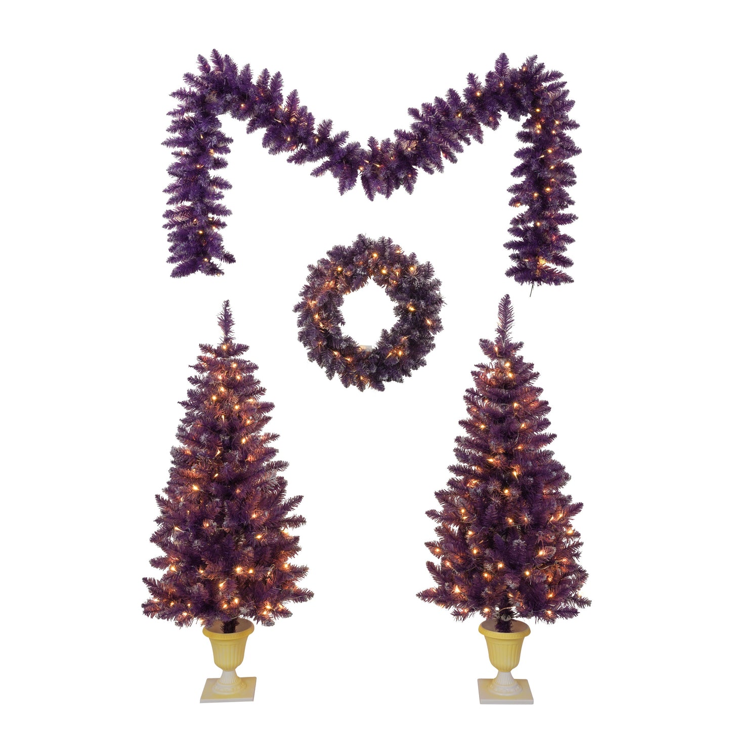 Christmas Holiday 4-Piece Set- Garland, Wreath and Set of 2 Entrance Trees