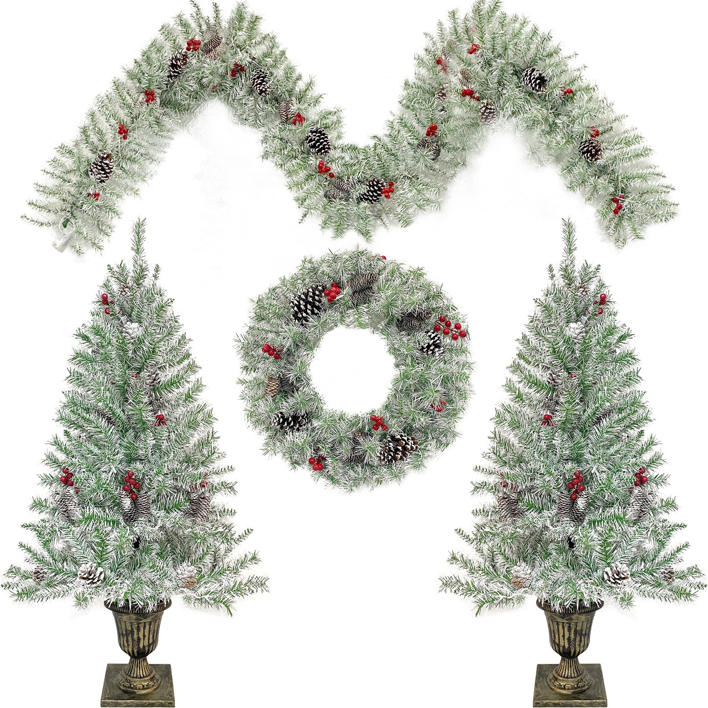 Christmas Holiday 4-Piece Set- Garland, Wreath and Set of 2 Entrance Trees