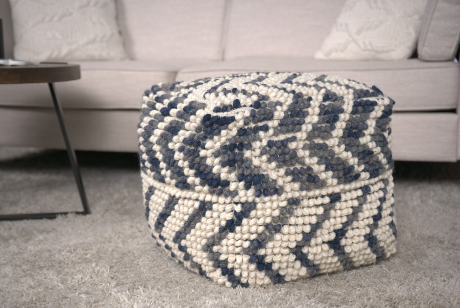 Alina Wool and Cotton Pouf - Natural and Blue