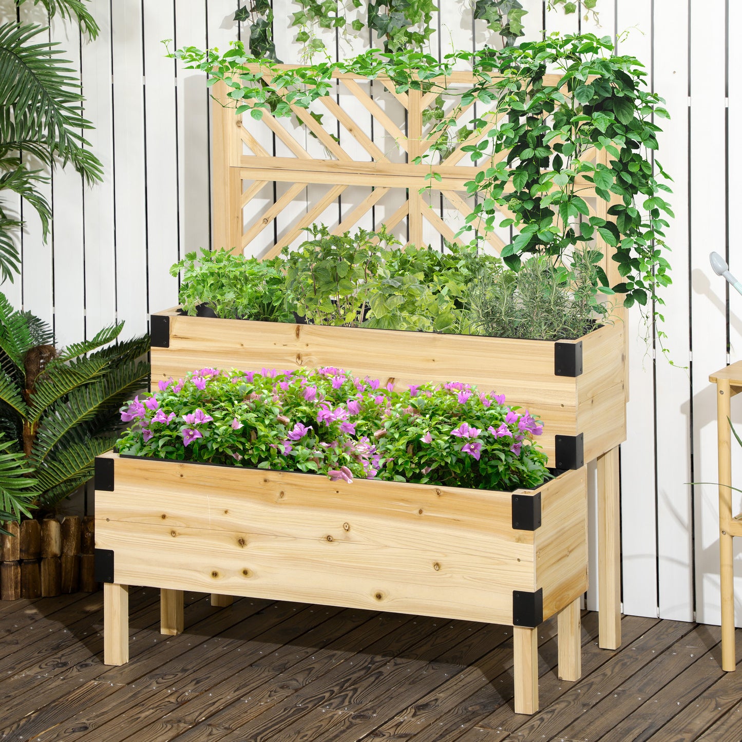 Outsunny 2 Tier Trellis Planter, Wooden Raised Garden Bed