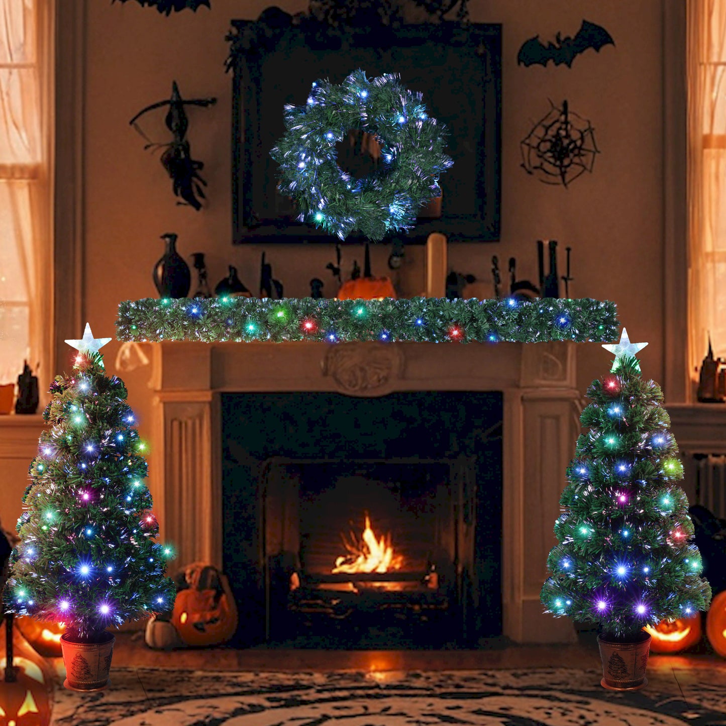 Christmas Holiday 4-Piece Set- Garland, Wreath and Set of 2 Entrance Trees