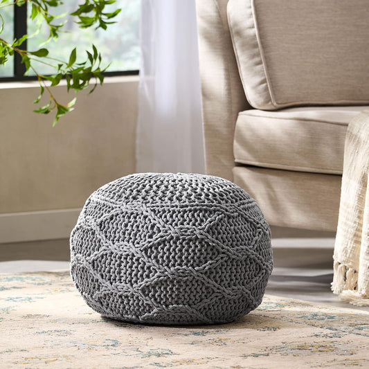 Modern Knit Weave Pouf – Stylish and Functional Comfort- Grey