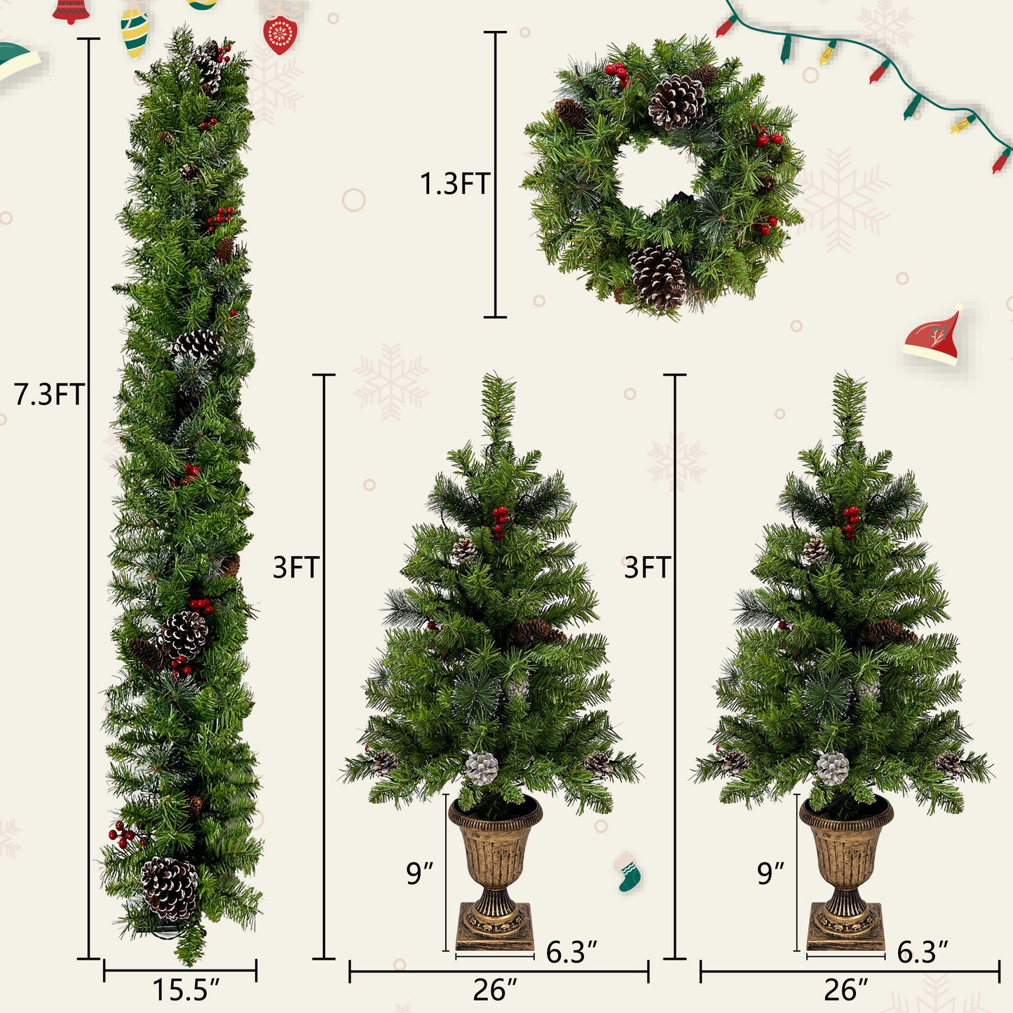 Christmas Holiday 4-Piece Set- Garland, Wreath and Set of 2 Entrance Trees