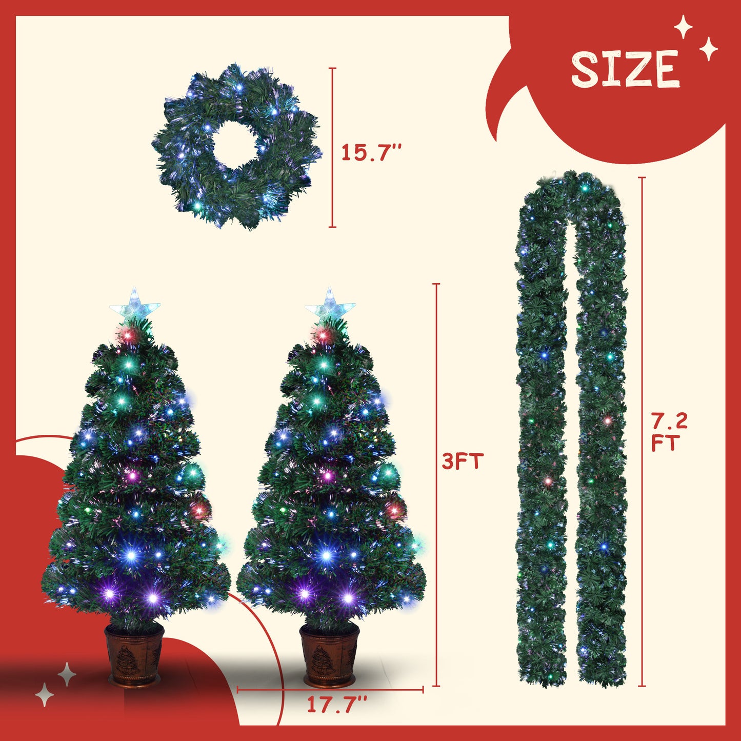 Christmas Holiday 4-Piece Set- Garland, Wreath and Set of 2 Entrance Trees