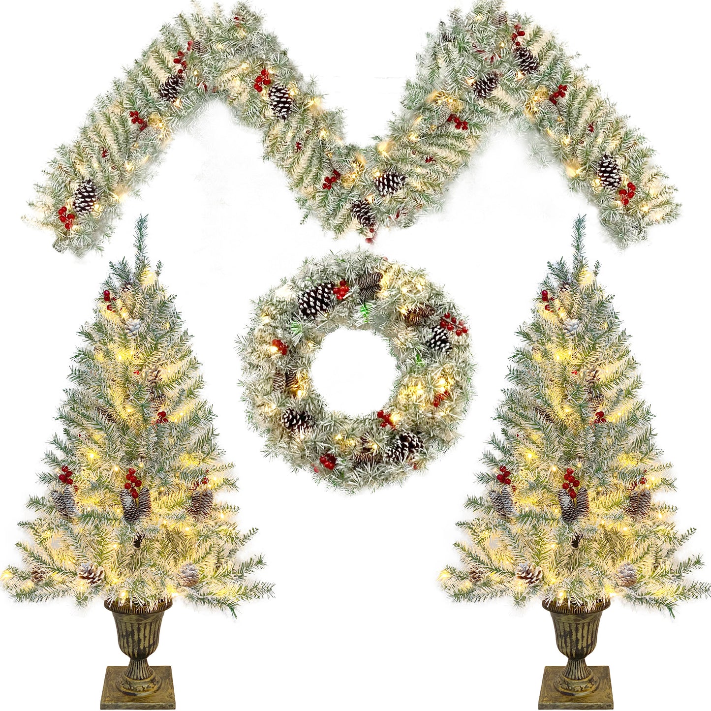 Christmas Holiday 4-Piece Set- Garland, Wreath and Set of 2 Entrance Trees