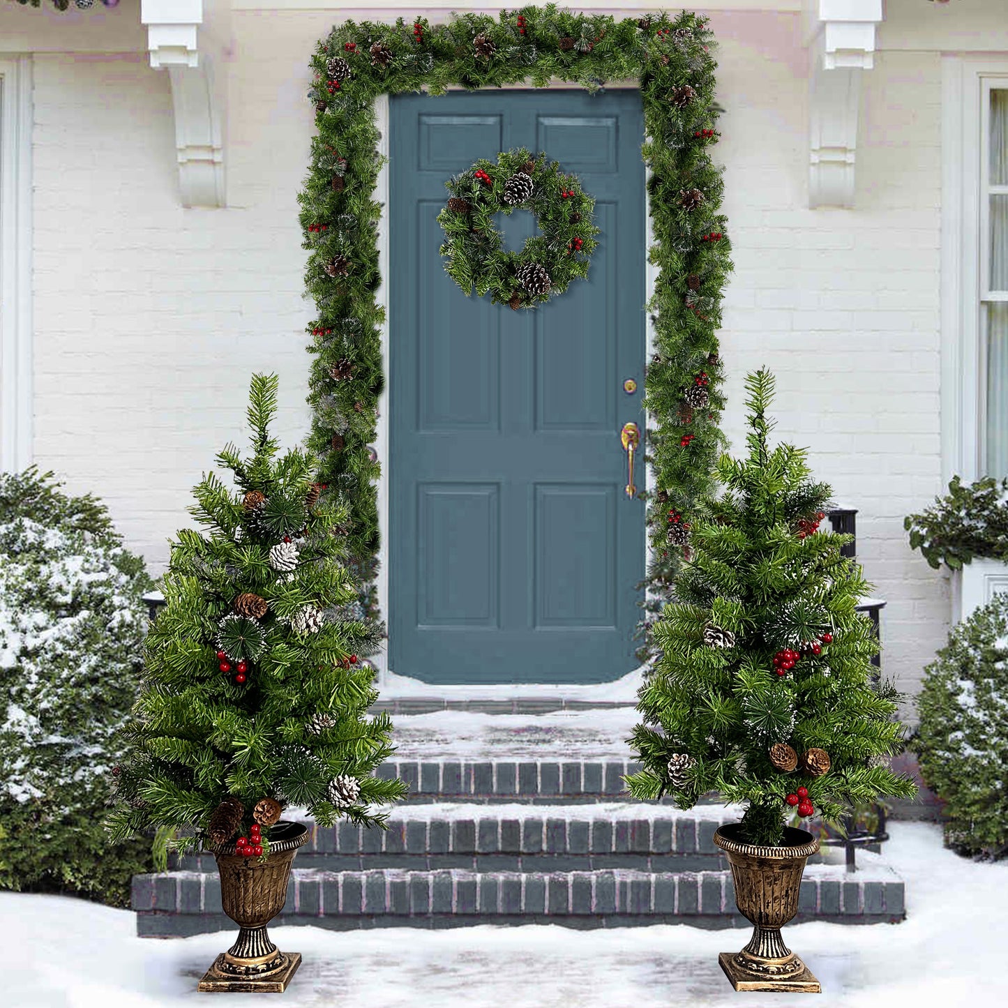 Christmas Holiday 4-Piece Set- Garland, Wreath and Set of 2 Entrance Trees