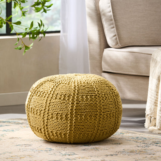 Yuny Knitted Cotton 20 x 20 Round Pouf – Modern Comfort Meets Cozy Style- Yellow