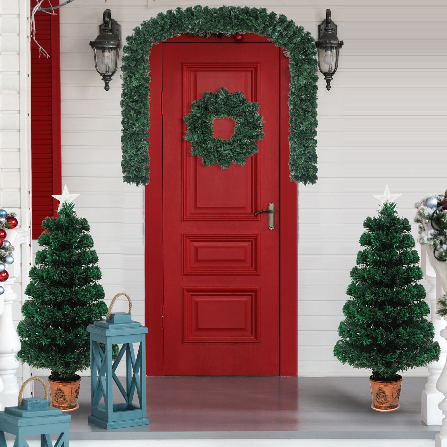 Christmas Holiday 4-Piece Set- Garland, Wreath and Set of 2 Entrance Trees