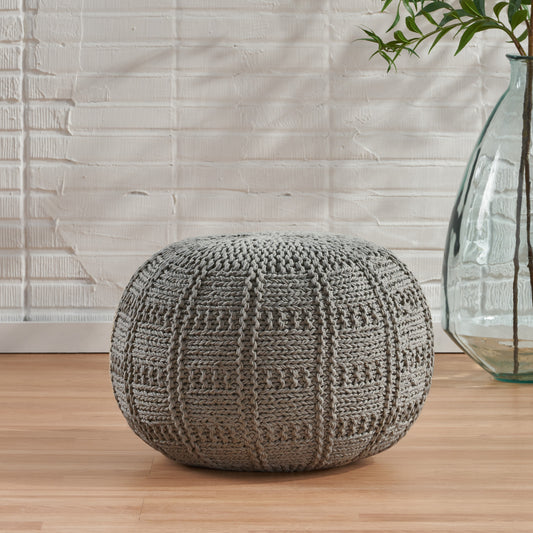 Yuny Knitted Cotton 20 x 20 Round Pouf – Modern Comfort Meets Cozy Style- Grey