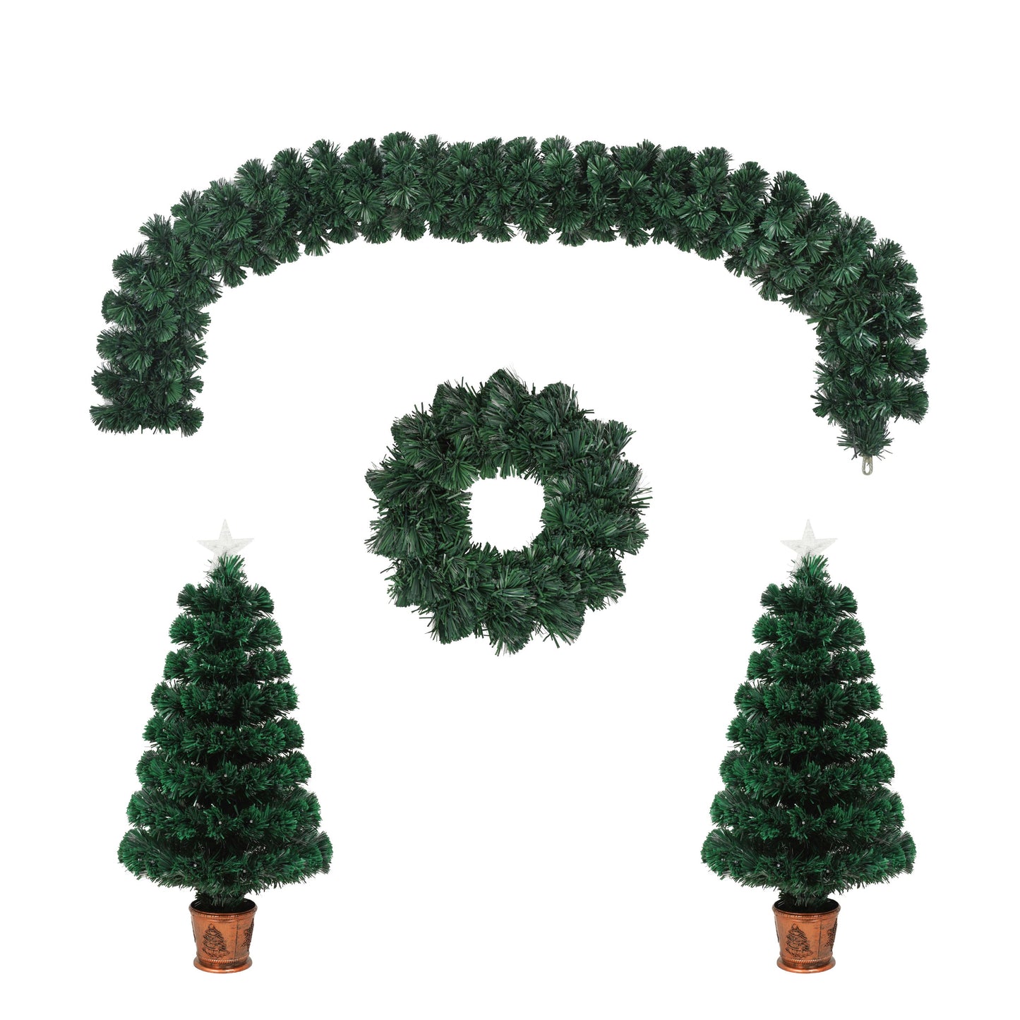 Christmas Holiday 4-Piece Set- Garland, Wreath and Set of 2 Entrance Trees