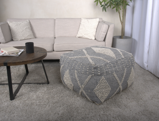 Diamond Large Handcrafted Faux Yarn Pouf - Ivory and Grey