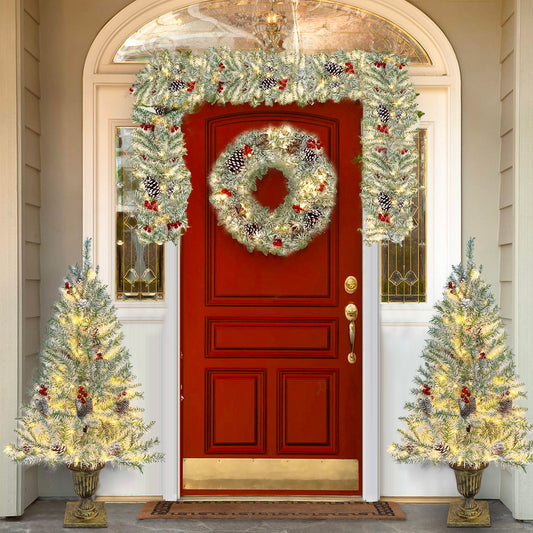 Christmas Holiday 4-Piece Set- Garland, Wreath and Set of 2 Entrance Trees