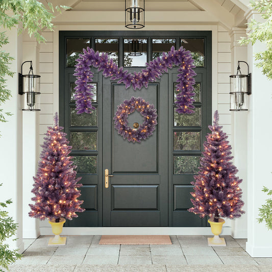 Christmas Holiday 4-Piece Set- Garland, Wreath and Set of 2 Entrance Trees