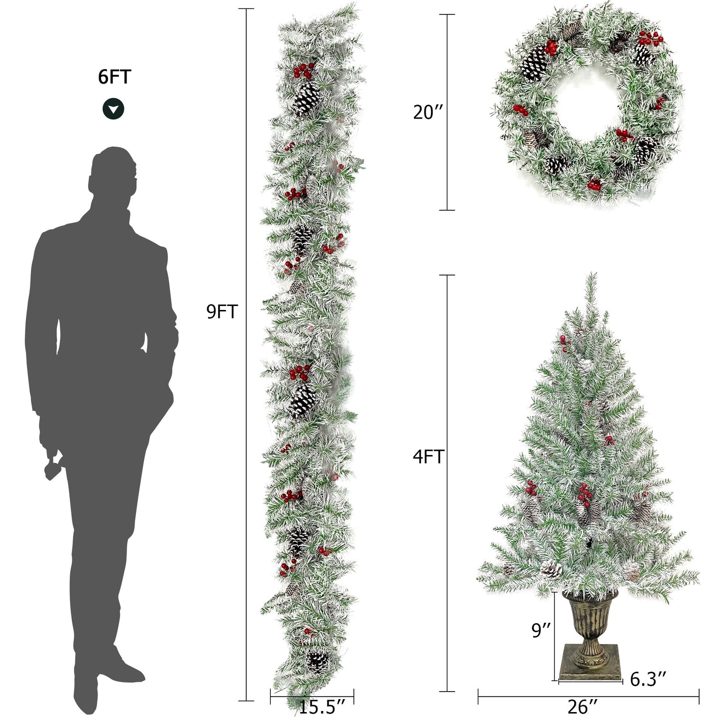 Christmas Holiday 4-Piece Set- Garland, Wreath and Set of 2 Entrance Trees