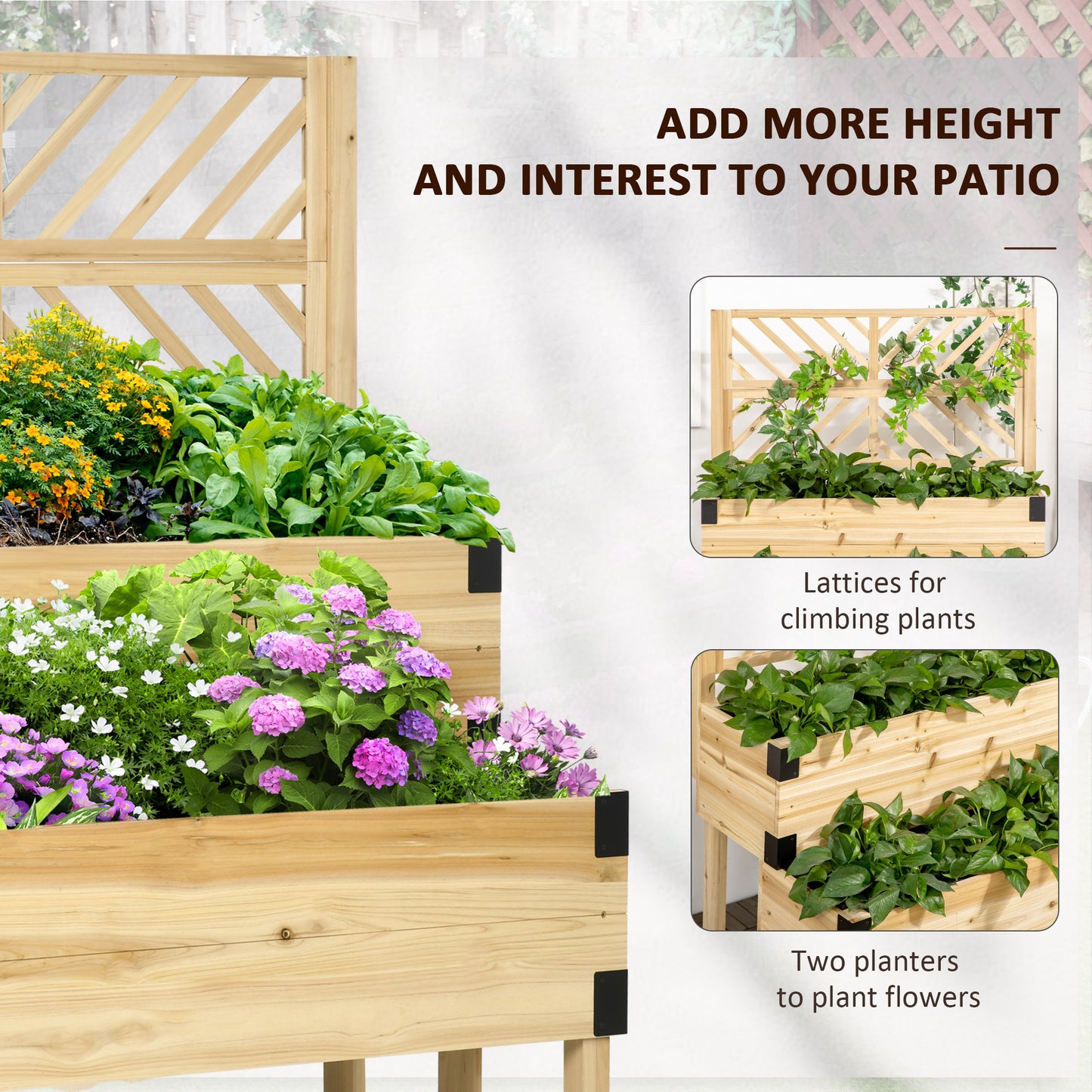 Outsunny 2 Tier Trellis Planter, Wooden Raised Garden Bed