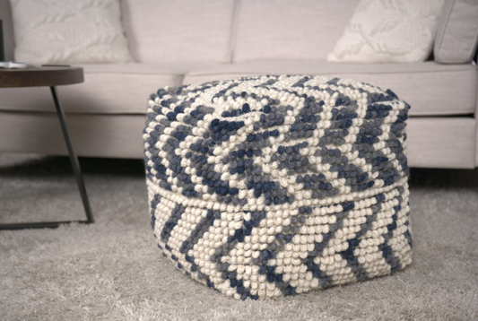 Alina Wool and Cotton Pouf - Natural and Blue