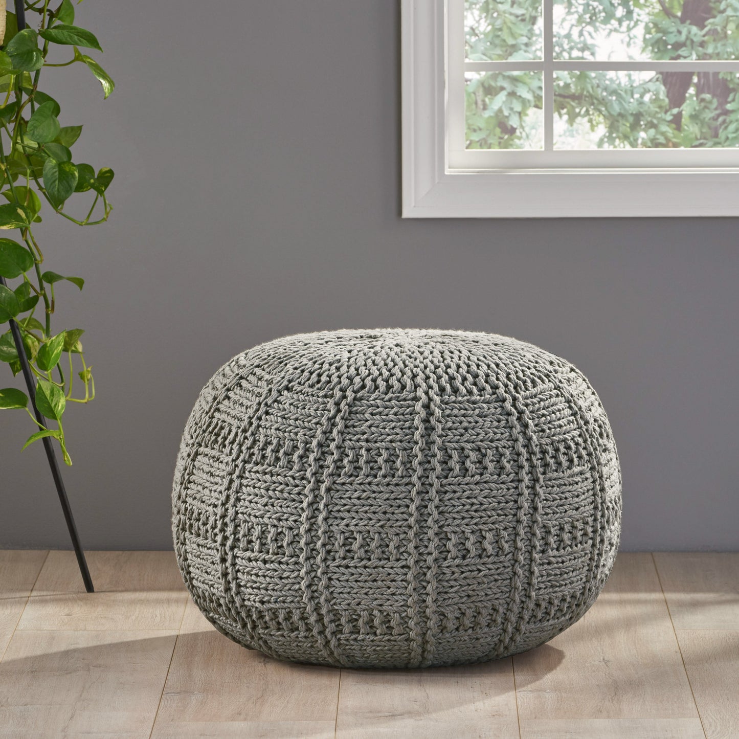 Yuny Knitted Cotton 20 x 20 Round Pouf – Modern Comfort Meets Cozy Style- Grey