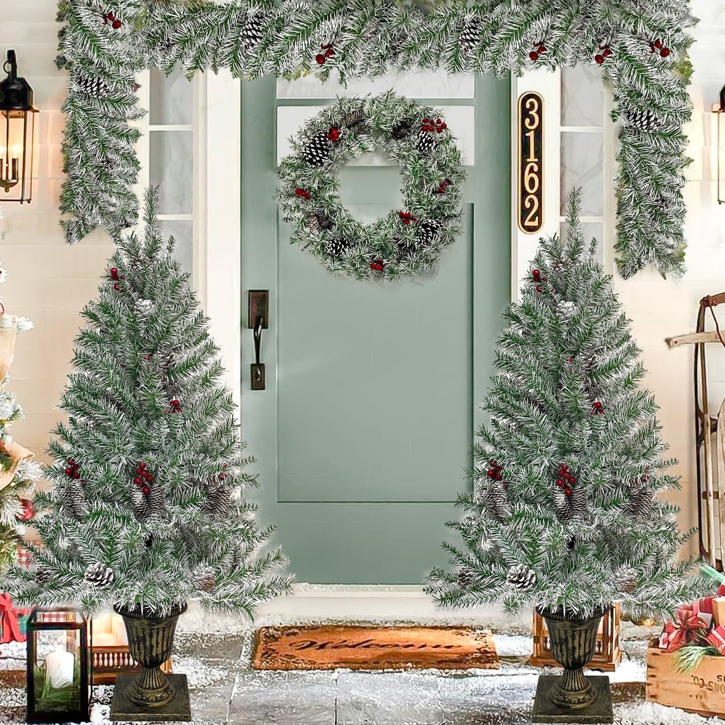 Christmas Holiday 4-Piece Set- Garland, Wreath and Set of 2 Entrance Trees