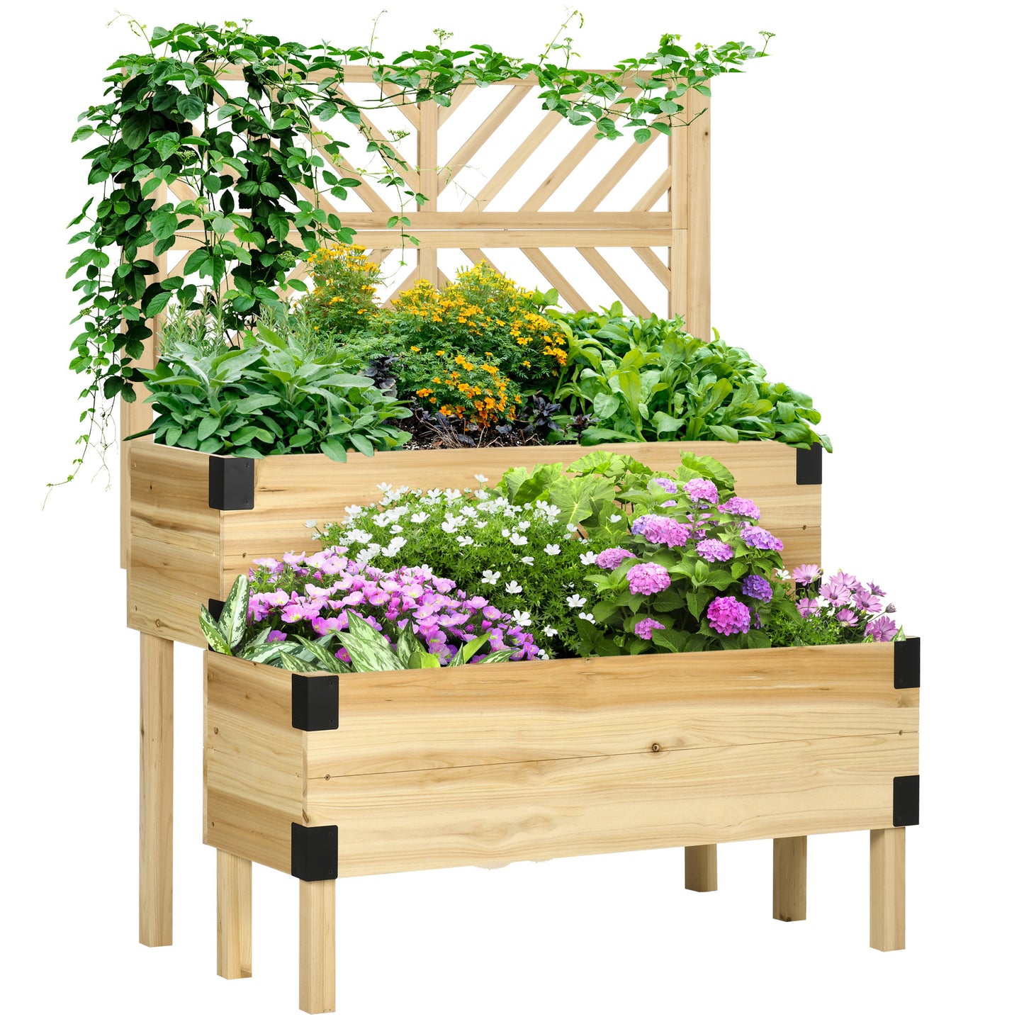 Outsunny 2 Tier Trellis Planter, Wooden Raised Garden Bed